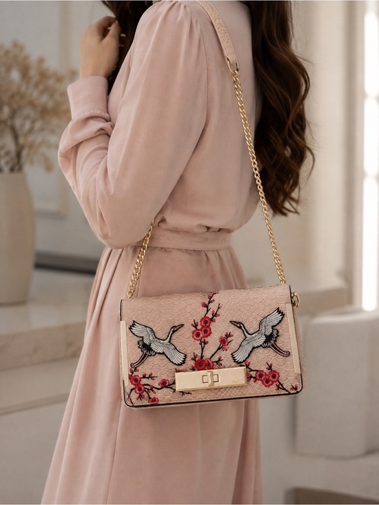 Handbags - Embroidered Crane Floral Shoulder Bag in Blush Pink